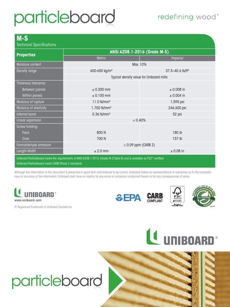 Uniboard Particleboard Technical Sheets | PDF