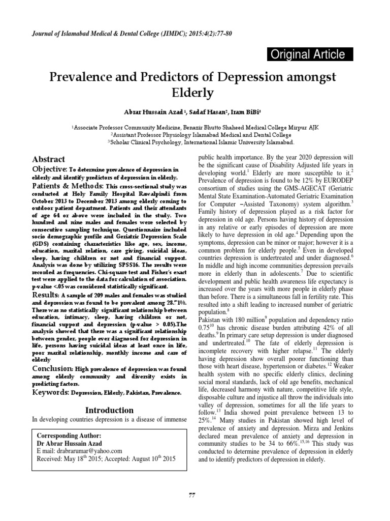 Prevalence and Predictors of Depression Amongst Elderly | PDF | Self ...