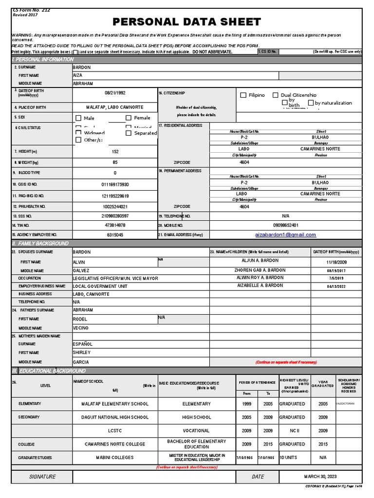 Personal Data Sheet | PDF | Teachers | Government