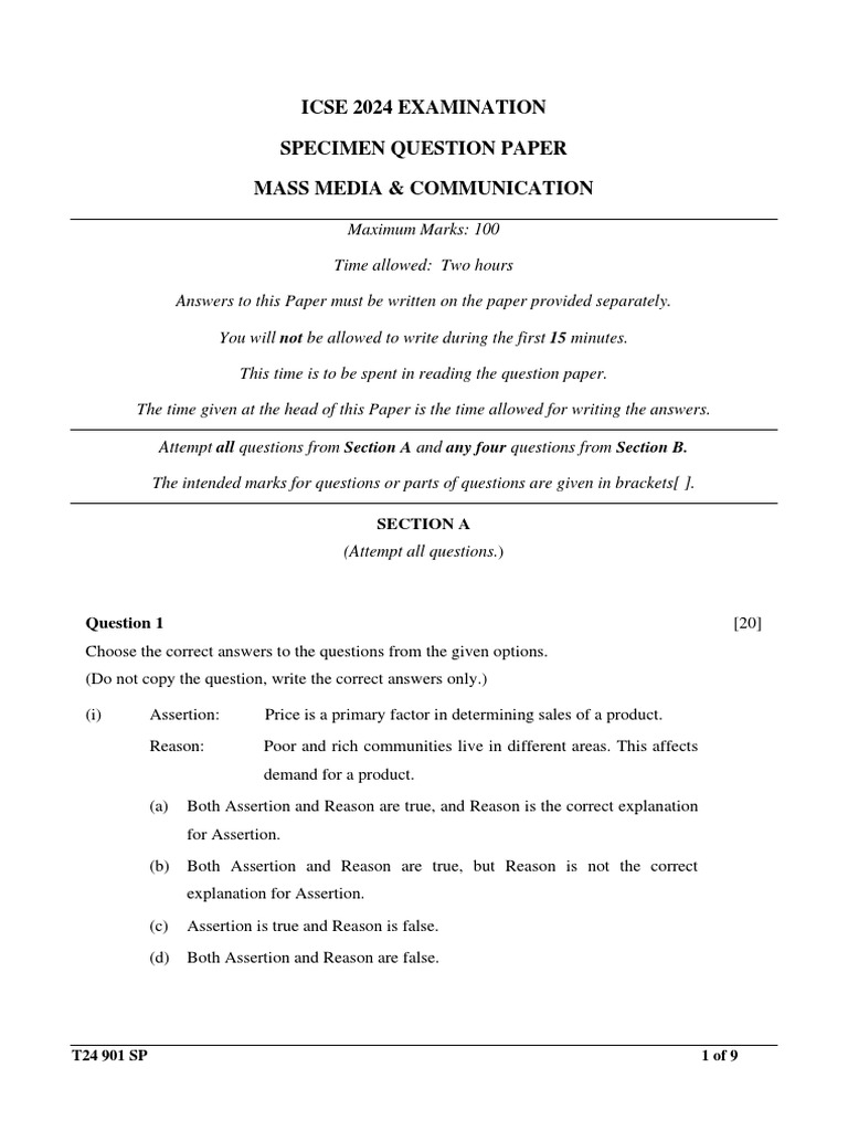 Icse 2024 Specimen 901 MMC PDF