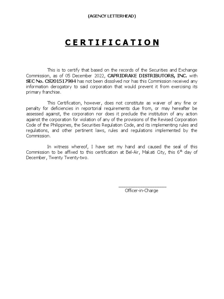 SEC Certificate of NDR (Template) | PDF