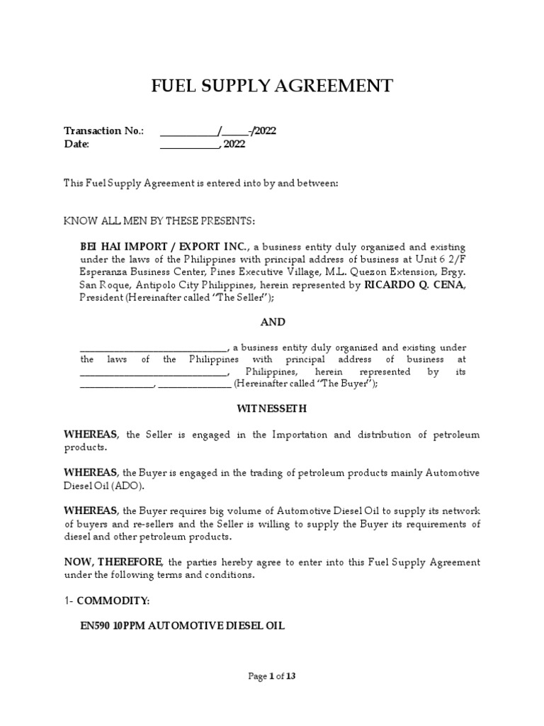 Fuel supply agreement template pdf