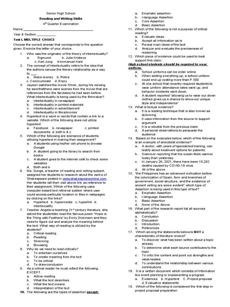 4th Quarter Exam Reading and Writing PDF