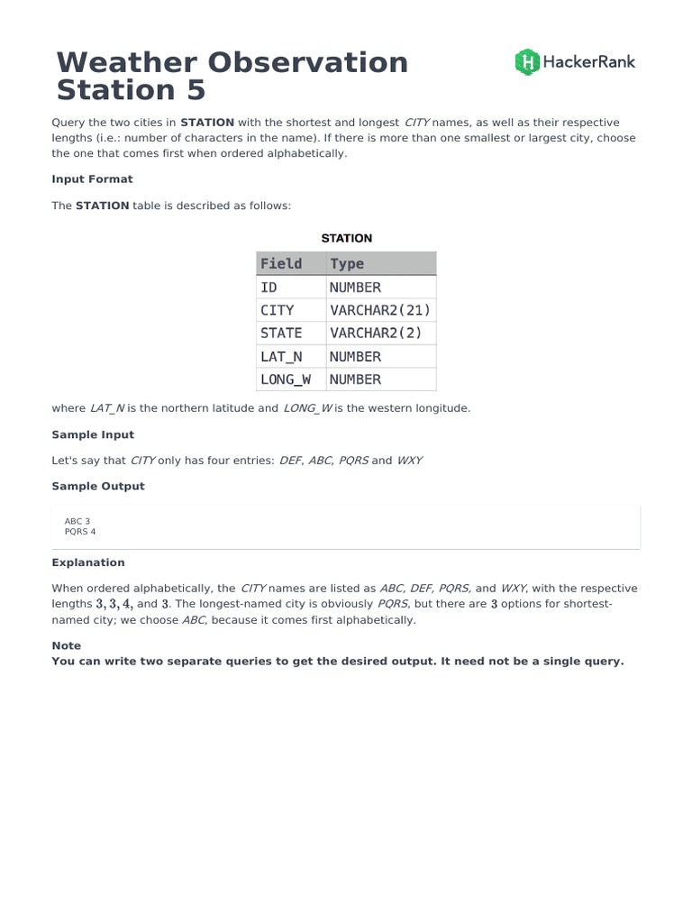 Weather Observation Station 5 English PDF