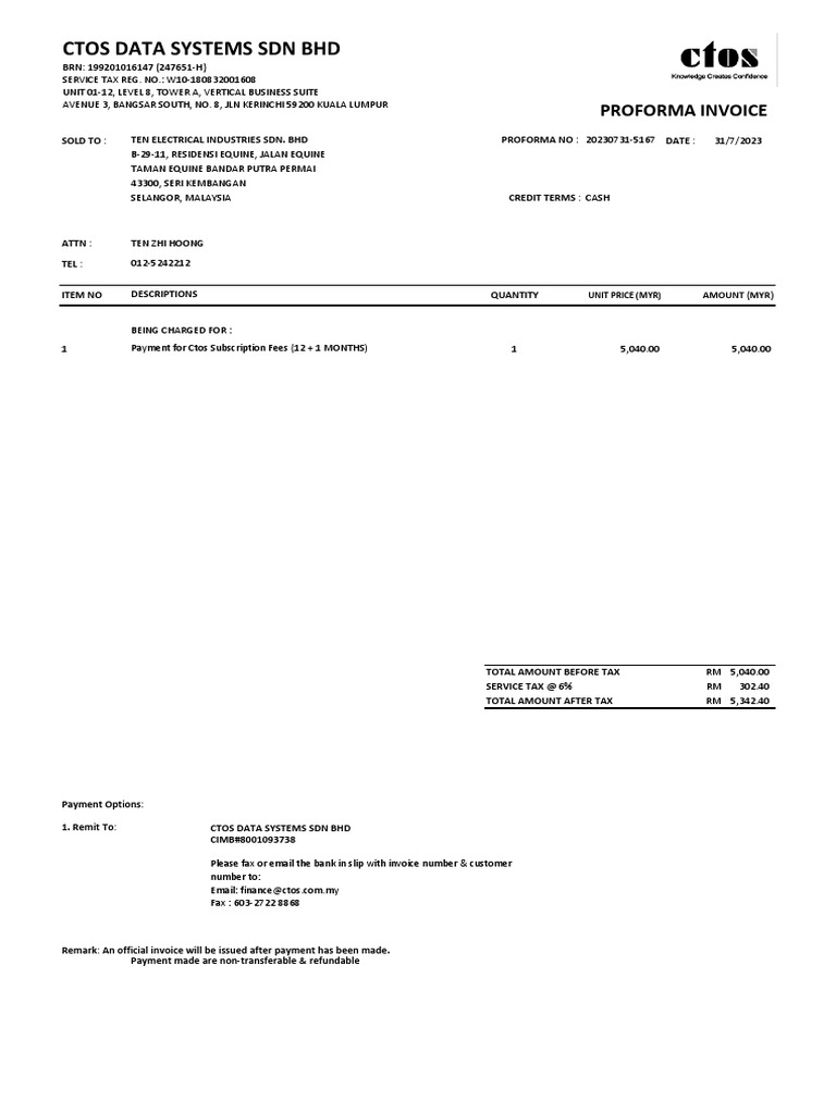 Proforma Invoice for CTOS Subscription | PDF