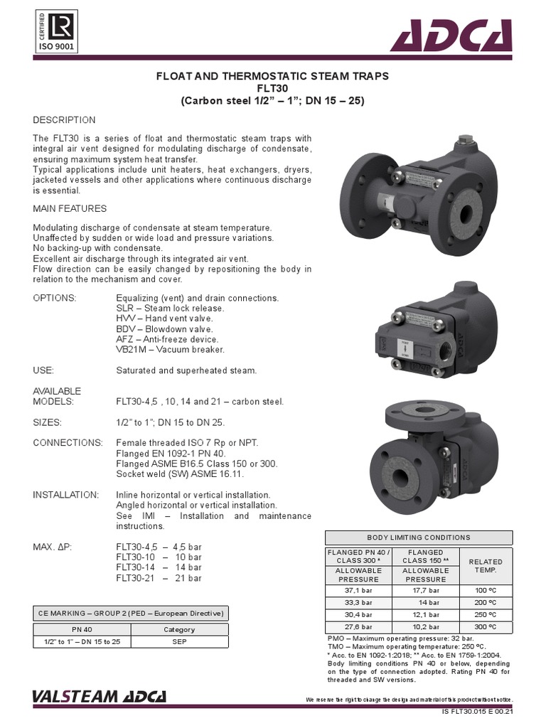 1 18a e flt30 Float and Thermostatic Steam Traps dn15 25 | PDF