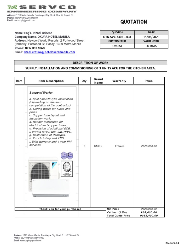 AC Installation Quotation for OKURA Hotel | PDF