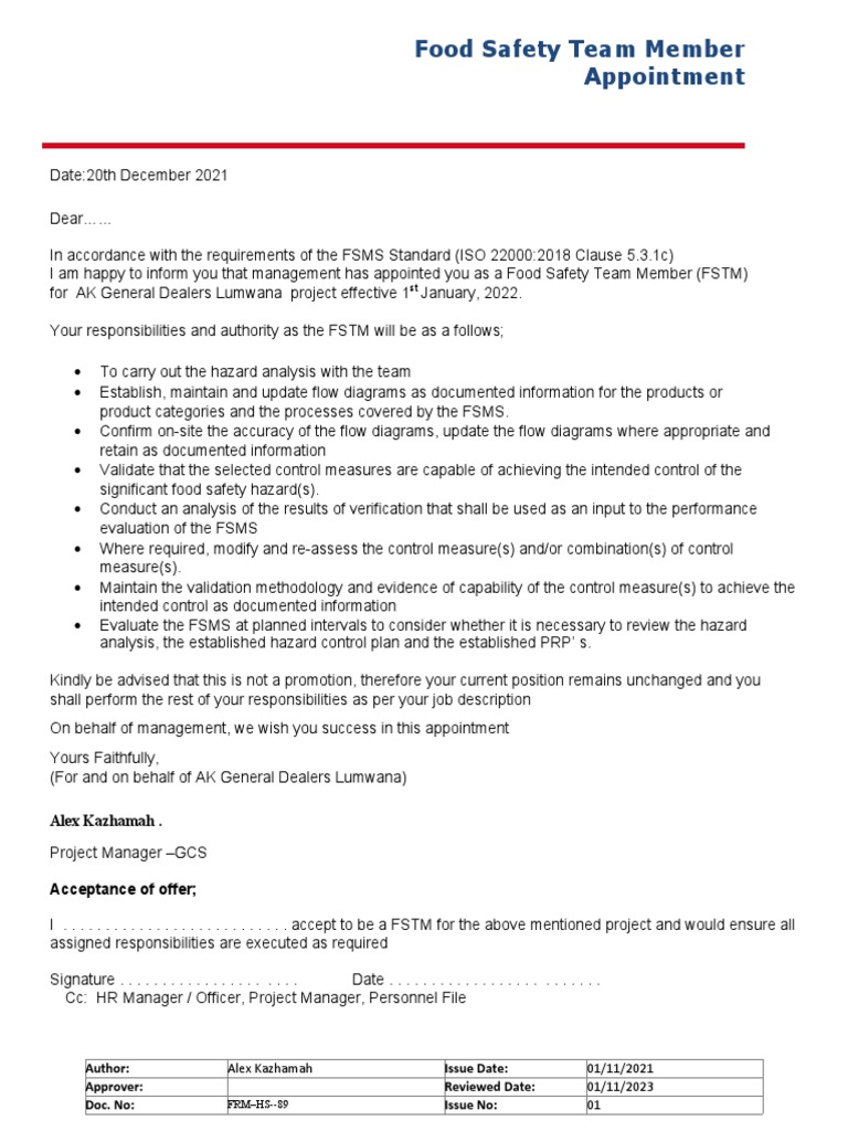 F89 AK Food Safety Team Member Appointment Letter PDF