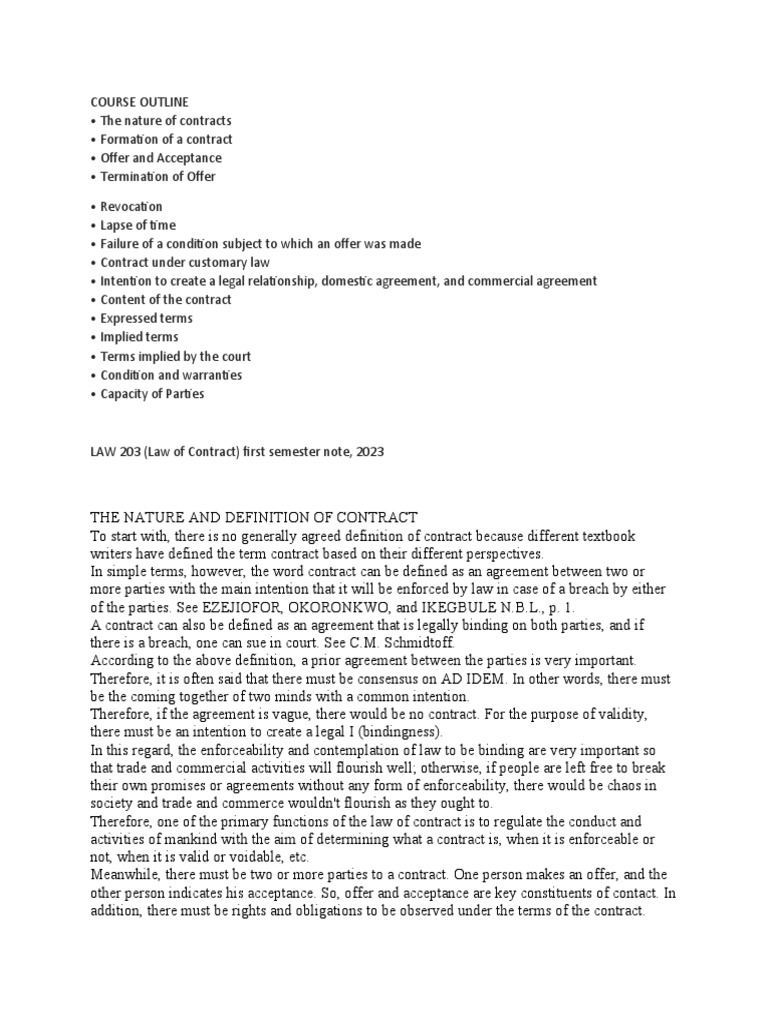 Law 203 First Semester Note PDF Offer And Acceptance Breach Of