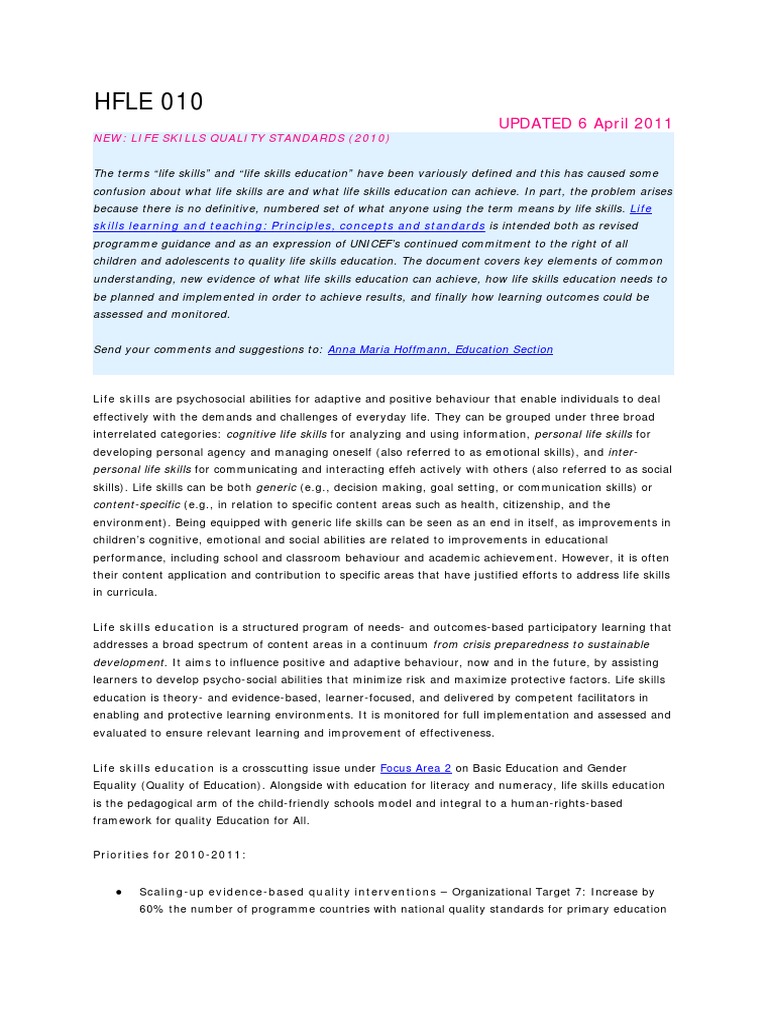 Life Skills Education Quality Standards | PDF | Learning | Educational ...