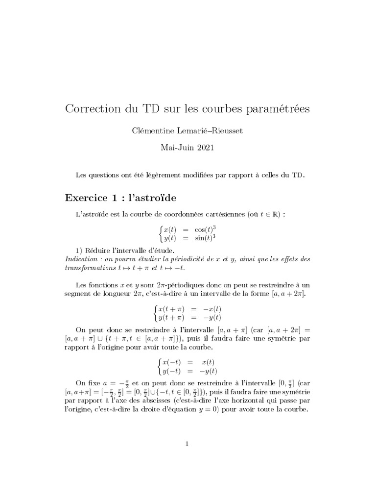 Correction TD : Courbes paramétrées | PDF