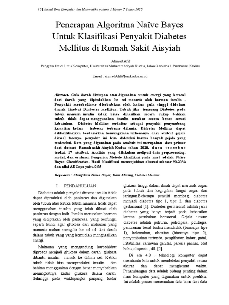 Penerapan algoritma na ve bayes untuk klasifikasi penyakit diabetes
