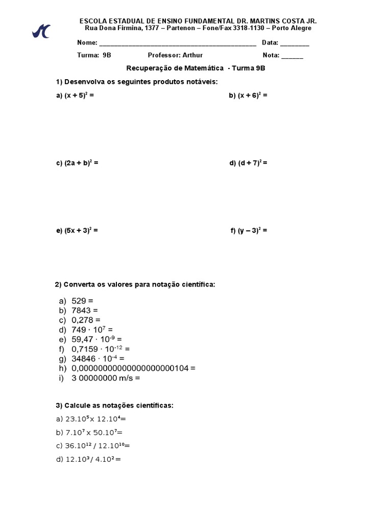 Aula 12 Notação Científica Exercícios Resolvidos 9°Ano 