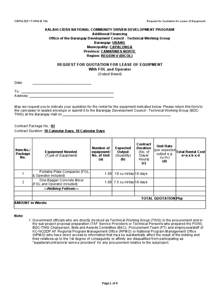 Equipment Rental Quotation Request | PDF
