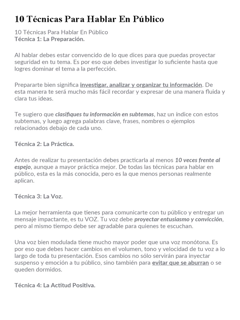 10 Técnicas Para Hablar En Público Pdf Respiración Temor