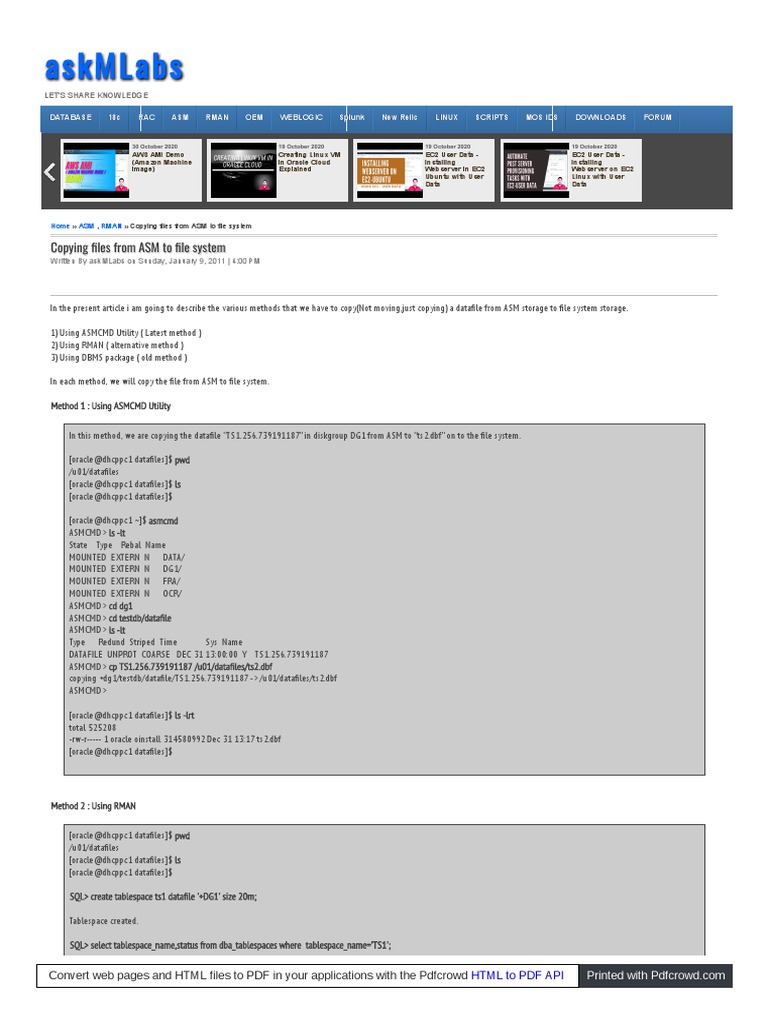 WWW Askmlabs Com 2011 01 Copying Files From Asm To File Syst | PDF ...