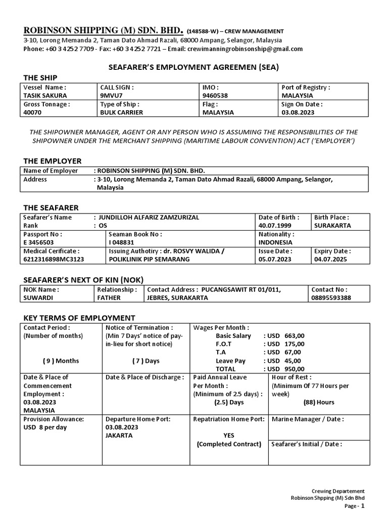 Seafarer's Employment Agreement Details | PDF