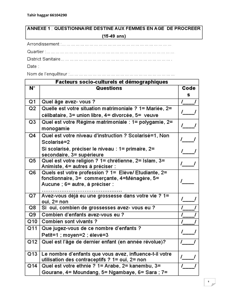 Questionnaire sur la grossesse et contraception | PDF | Contraception ...