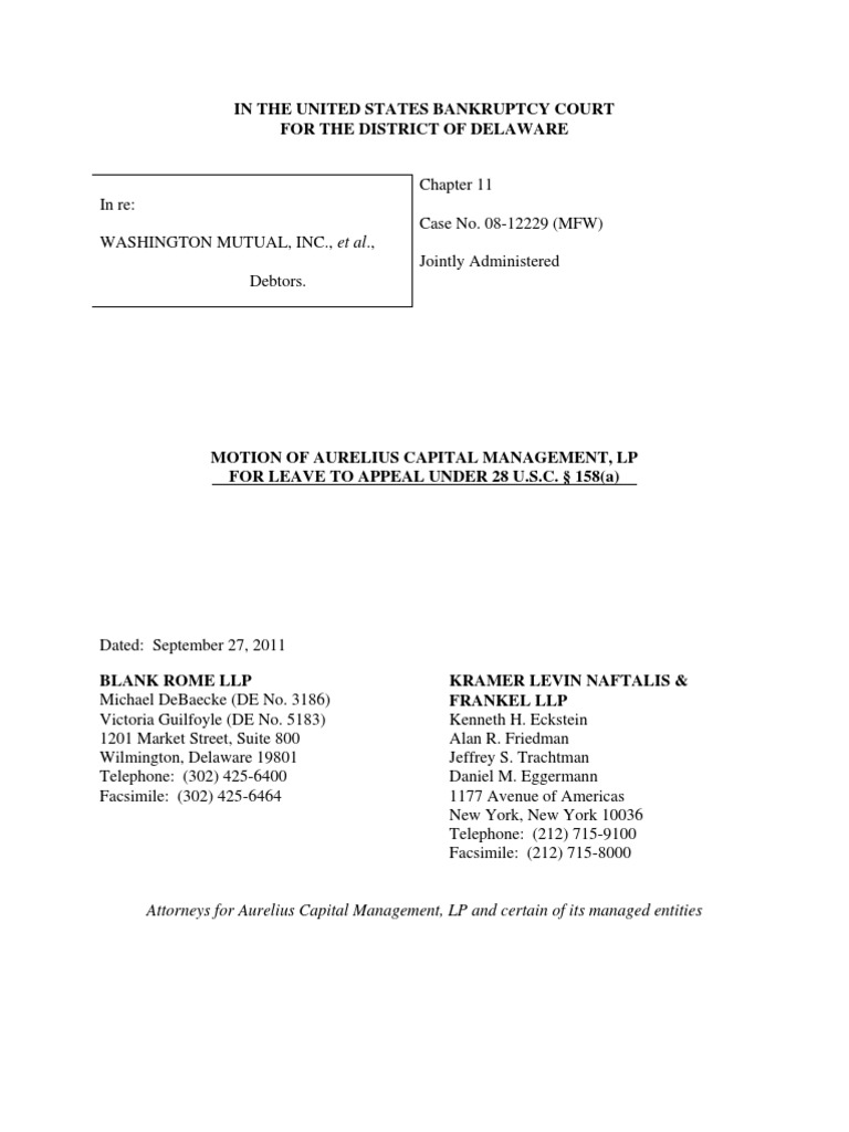Motion of Appeal by Aurelius Capital Insider Trading Bankruptcy