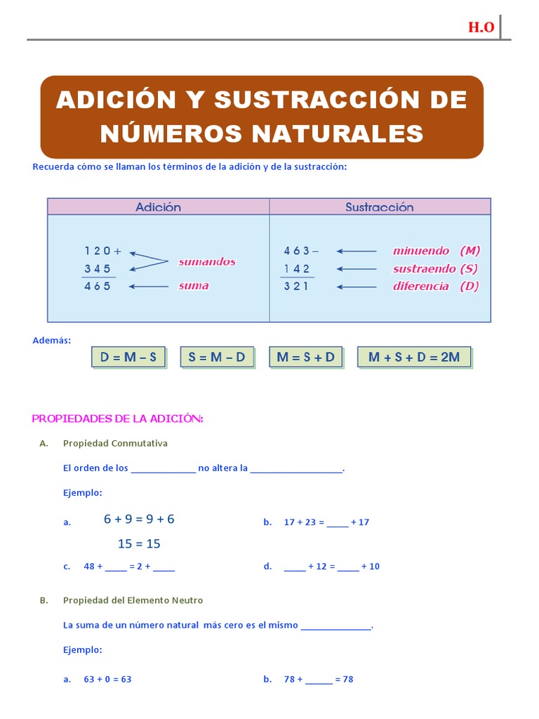 Adición y Sustracción de Números Naturales | PDF