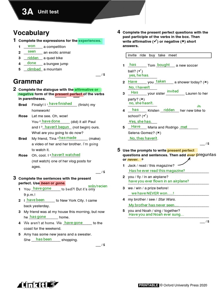 Unit Test: Present Perfect Practice | PDF | Linguistics | Grammar