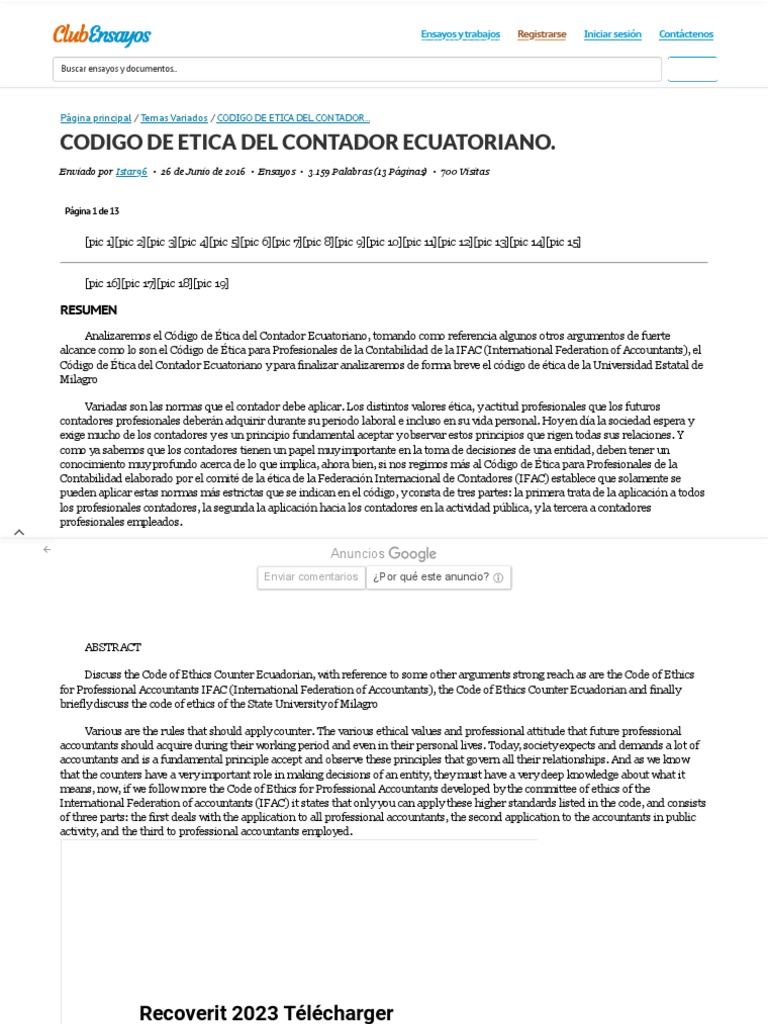 CODIGO DE ETICA DEL CONTADOR ECUATORIANO. - Ensayos - Istar96 | PDF