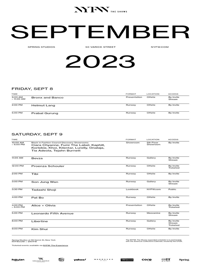 NYFW Schedule PDF Clothing Style