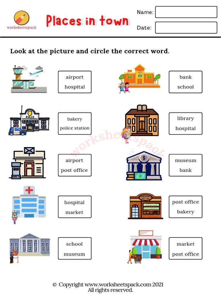 Places in Town Worksheets Circle The Correct Word For Each Picture | PDF