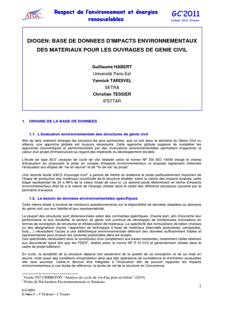 Base de Données D'impacts Environnementaux Des Matériaux Pour Les ...