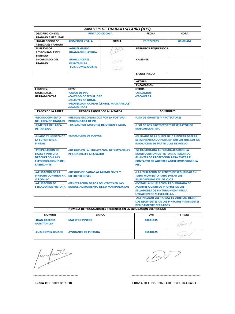 Analisis de Trabajo Seguro (Ats) : Firma Del Supervisor Firma Del ...