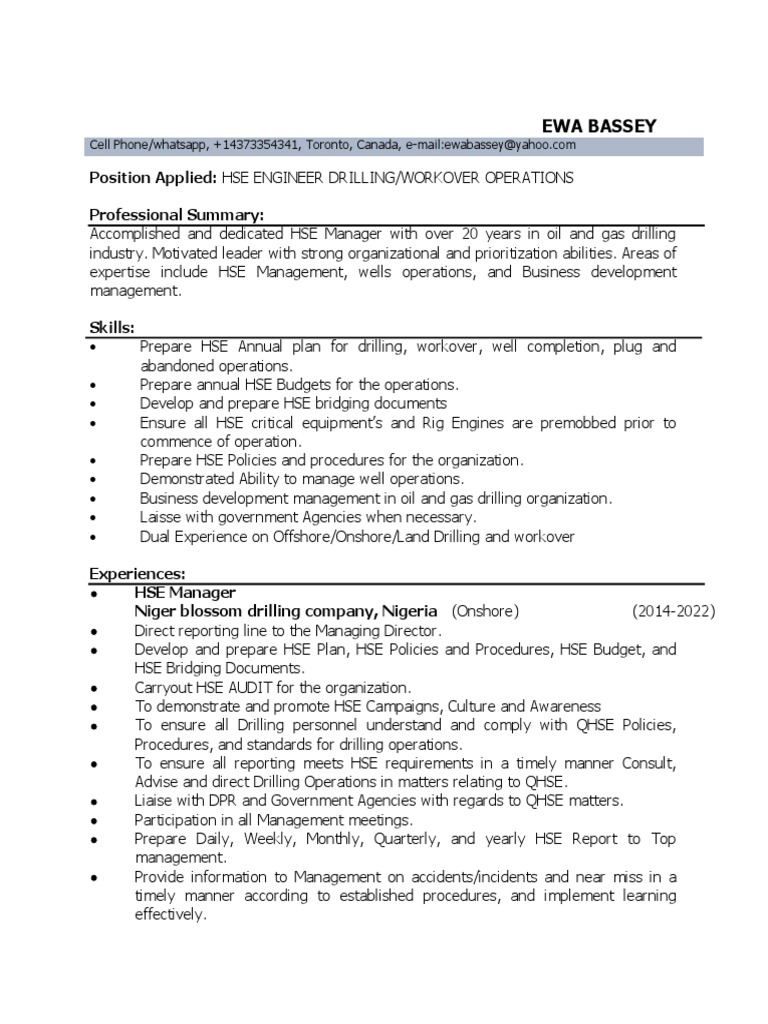 Bassey CV | PDF | Oil Well | Regulatory Compliance