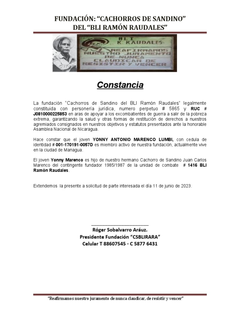 Fundación Cachorros de Sandino: Apoyo a Excombatientes | PDF | Derecho