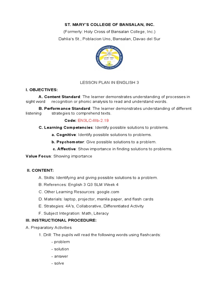 Grade 3 Problem and Solution Lesson Plan | PDF | Language Arts ...