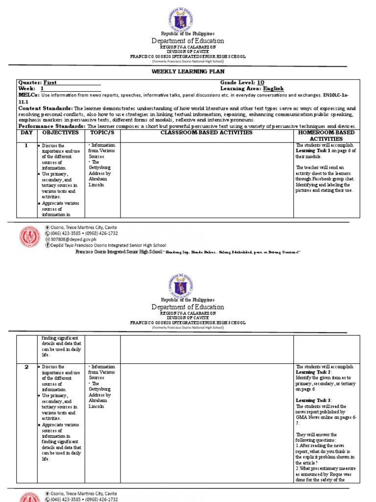Grade 10 English Weekly Learning Plan | PDF | Learning | Information
