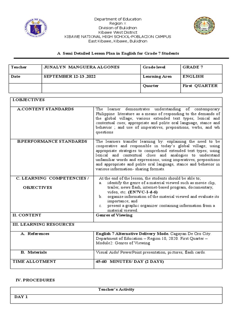 Grade 7 Viewing Genres Lesson Plan | PDF | Teachers | Learning