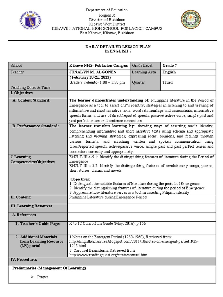 Daily Lesson Plan for English 7 | PDF