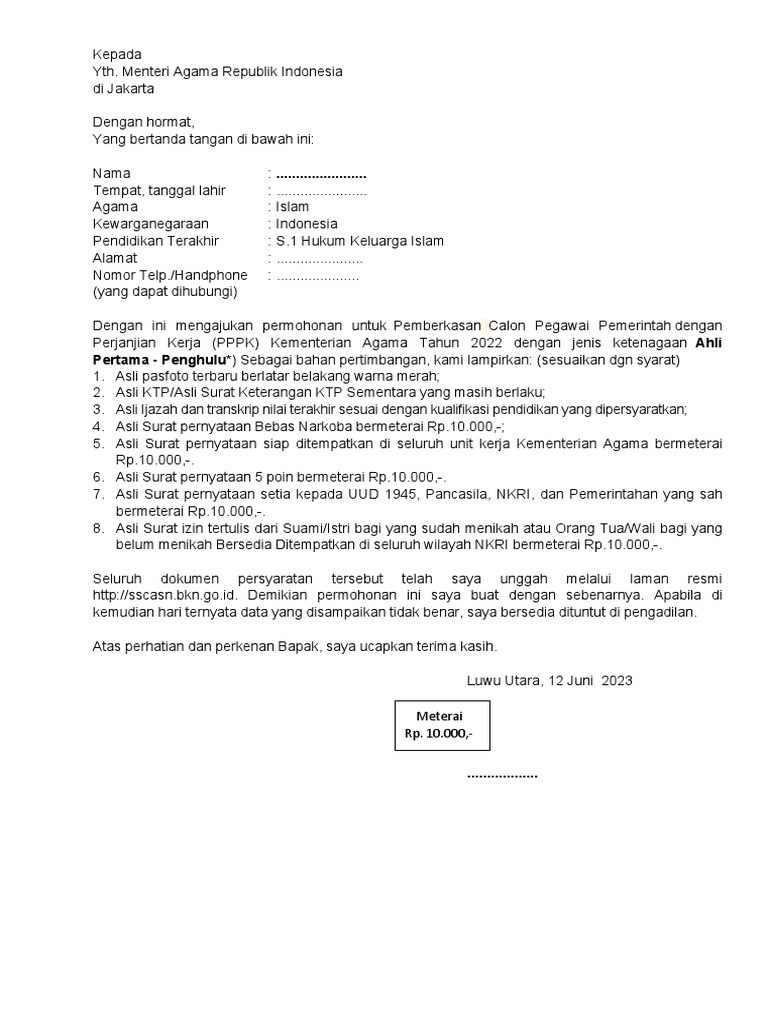 Surat Permohonan P3K | PDF