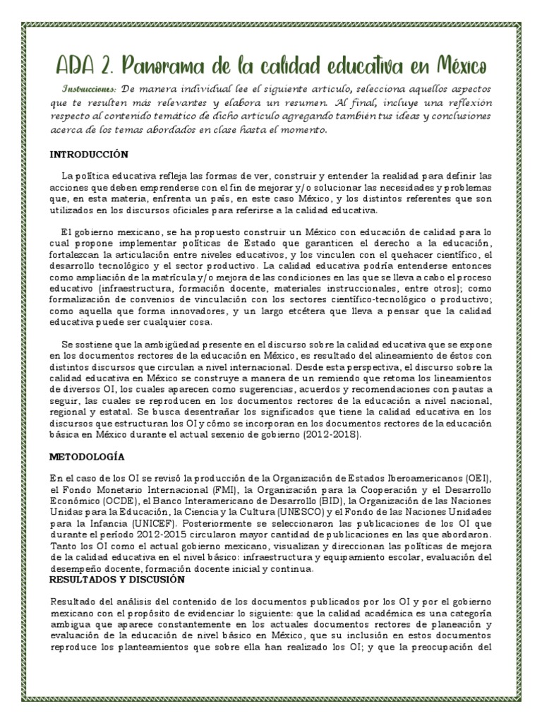 Panorama de La Calidad Educativa en México | PDF | Educación primaria ...