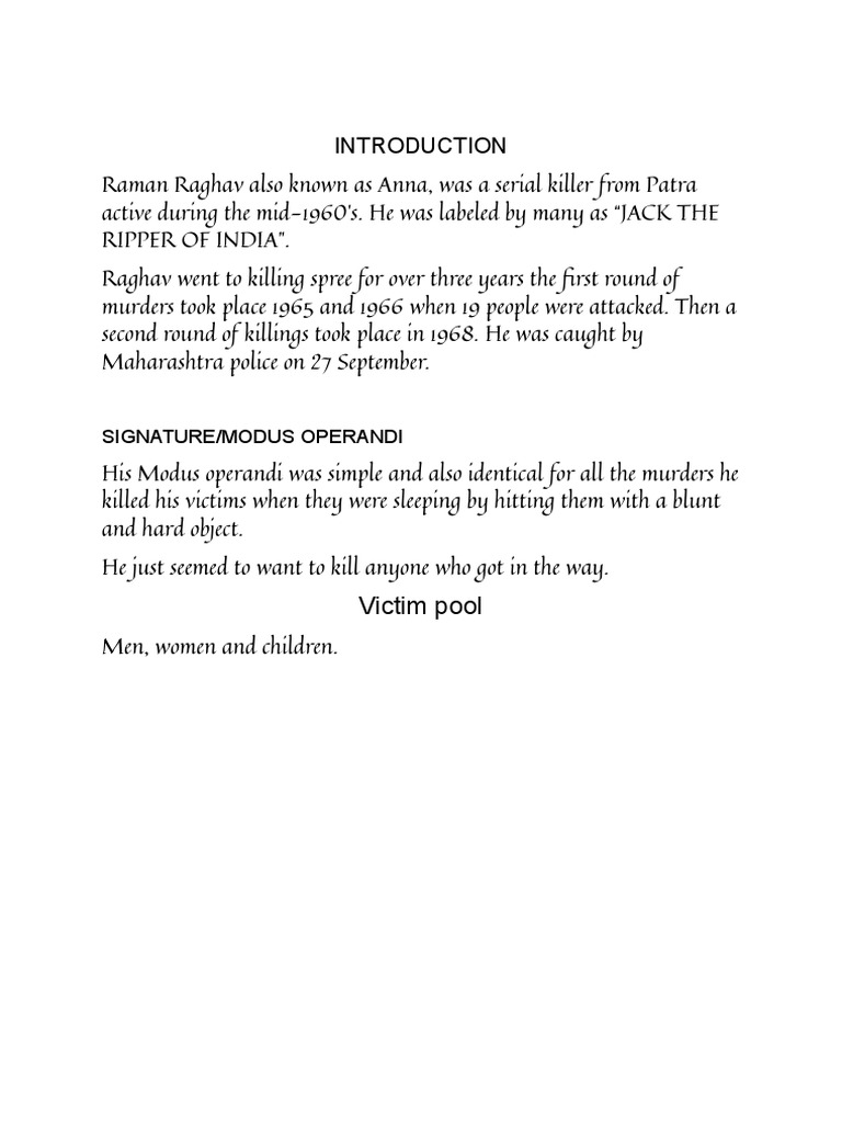 Profile of Serial Killer-Raman Raghav | PDF