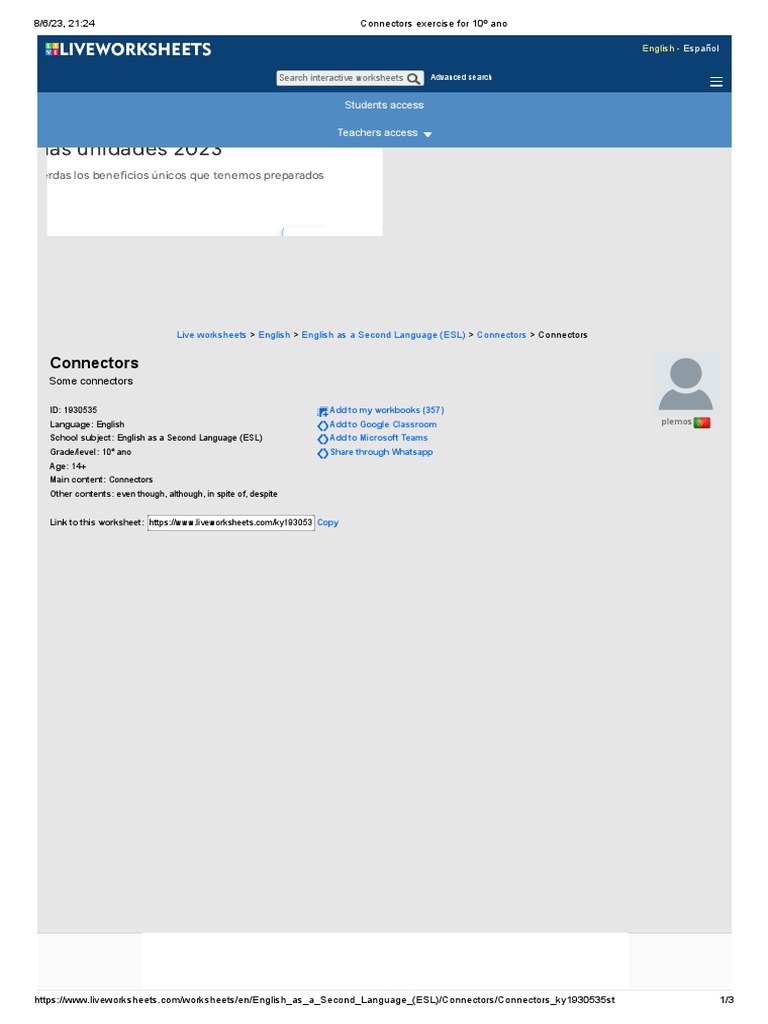 Connectors Exercise For 10º Ano | PDF