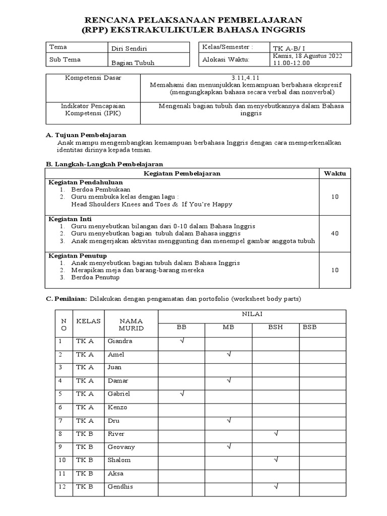 RPP Bahasa Inggris TK - Body Parts | PDF