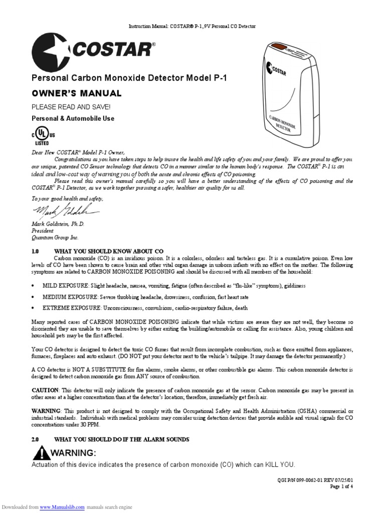 Costar Carbon Monoxide Detector Model P1 PDF