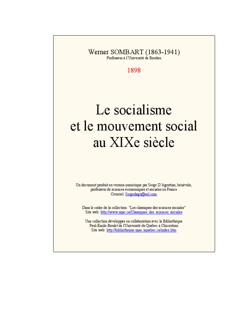 Werner Sombart Le Socialisme Et Le Mouvement Social Au XIXème Siècle