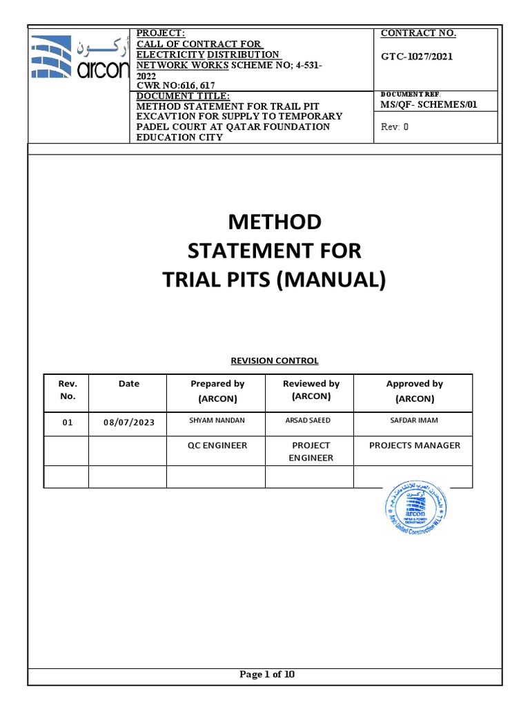 Trial Pit Excavation Method Statement | PDF | Surveying | Safety
