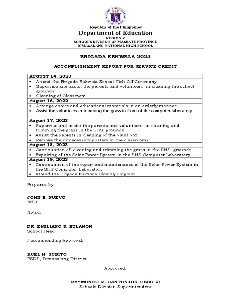 Brigada Eskwela 2023 Accomplishment Report | PDF | Science & Mathematics