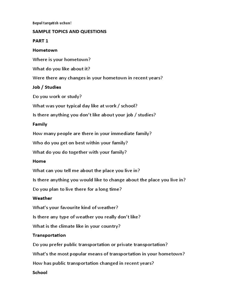 IELTS Speaking Sample Topics and Questions | PDF