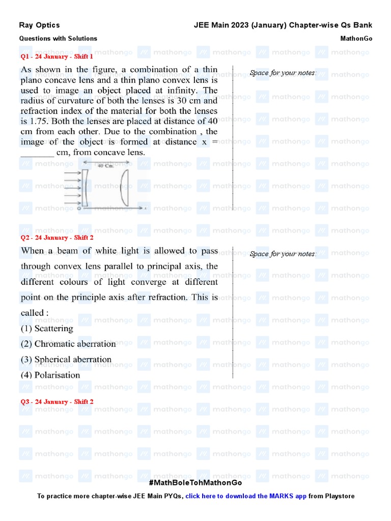 Ray Optics JEE Main 2023 January Chapter Wise Questions by MathonGo PDF