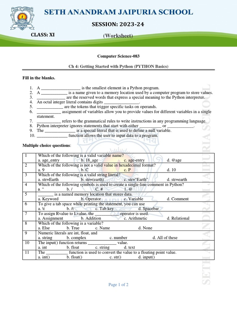 XI - CS - WS - CH5 - Getting Started With Python 2 | PDF