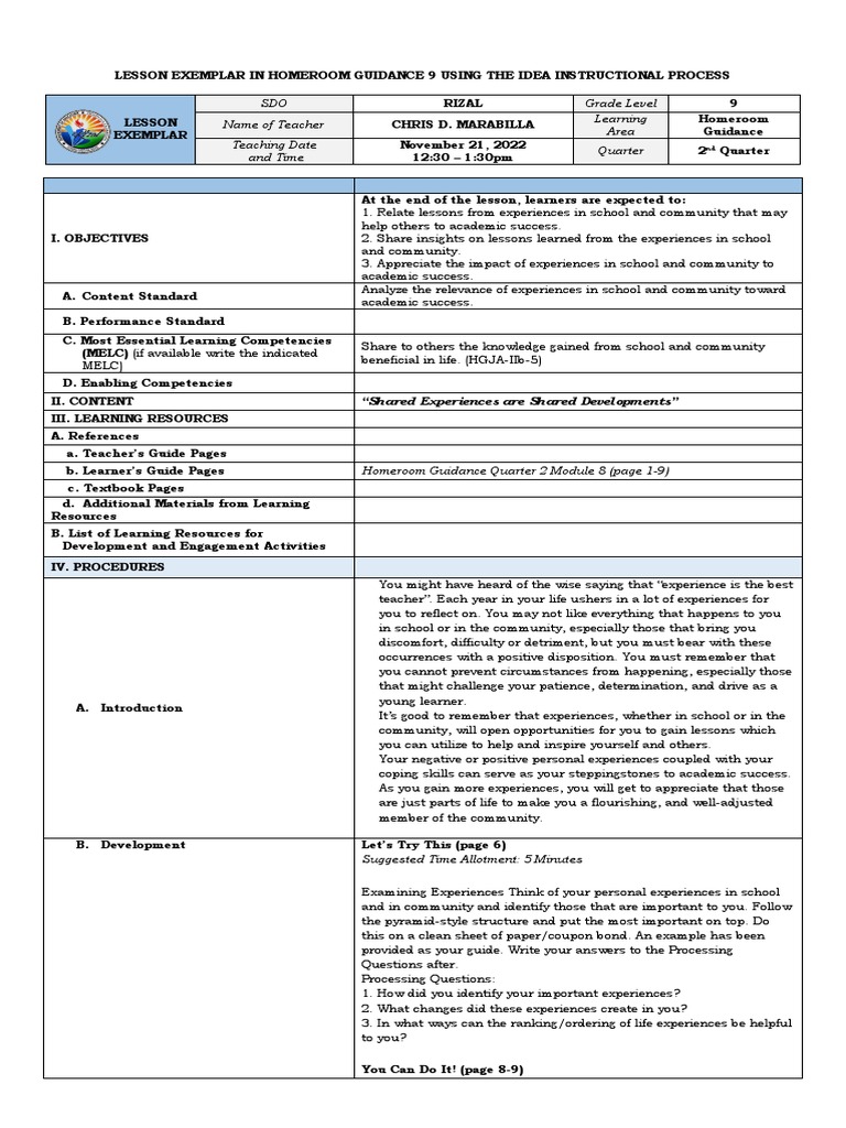 Grade 9 Homeroom Guidance Exemplar | PDF | Decision Making | Learning