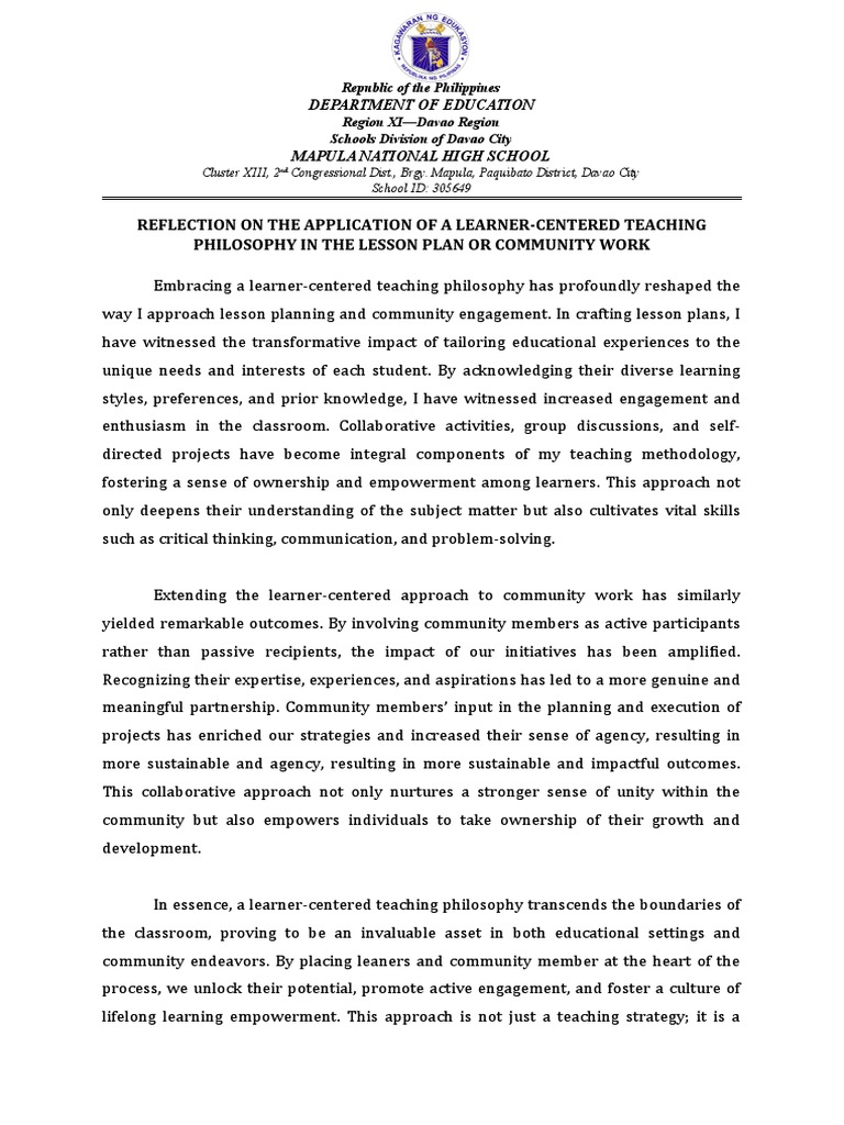 Learner-Centered Teaching Reflection | PDF | Learning | Human Communication